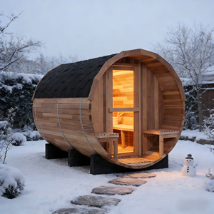 Sauna extérieur en forme de baril pour 4 à 6 personnes avec véranda, sauna à vapeur en cèdre rouge avec chauffage de 6 kW, toit en asphalte noir, porte en verre trempé - Product Image 3