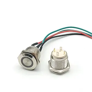 16mm flat head self-reset metal push button switch with led ring lamp with wire 12-24v