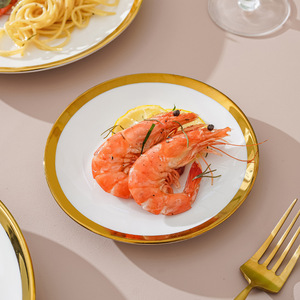 Assiette de table en céramique blanche de luxe avec bordure dorée peinte à la main pour hôtel, restaurant, banquet de mariage, vaisselle de haute couture - Product Image 2
