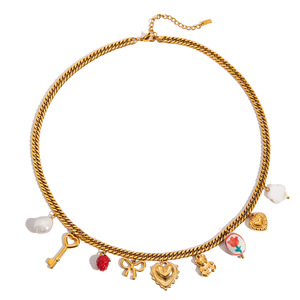 Stainless Steel Charm Necklace With Pearl Heart Red Flower Key Bow Bear Pendant Gift Jewelry - Product Image 5