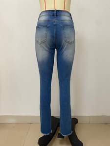 Pantalones <span class=keywords><strong>vaqueros</strong></span> elásticos de pierna recta a la moda para <span class=keywords><strong>mujer</strong></span>, <span class=keywords><strong>Vaqueros</strong></span> rasgados con flecos rasgados para primavera - Product Image 6