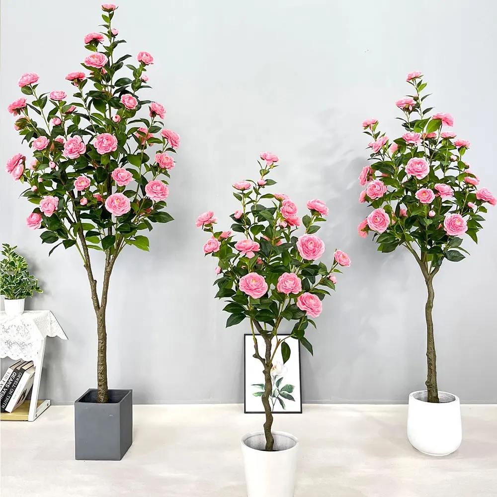 High Quality Simulated Rose Tea Flower Plant Artificial Camellia Potted Tree For Home Office Plaza Wedding Decor