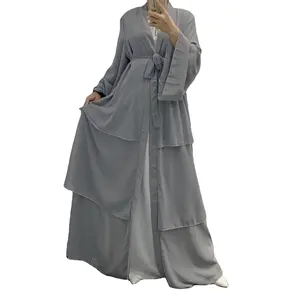 2021 new design Turkey solid color dress arabic layered long cardigan dress muslim dubai women front open abaya