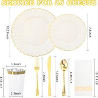 Ensemble de vaisselle jetable en plastique festonné ivoire 175 pièces, assiettes, couverts dorés, gobelets, serviettes pour fête et mariage