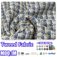 Tela Tweed Clásica a Cuadros Azul Beige con Hilo Brillante para Blazer, Falda y Abrigo de Mujer, Material Textil de Alta Calidad