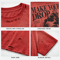 T-shirt graphique vintage personnalisé délavé à l'acide pour homme, coupe oversize, manches raglan, ourlet brut, imprimé déchiré et craquelé, style streetwear