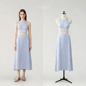 Abito Midi da Donna OEM a Righe Blu e Bianche, Halter Senza Maniche, con Pizzo e Vita Traforata, Linea ad A, per Vacanze al Mare - Product Image 1