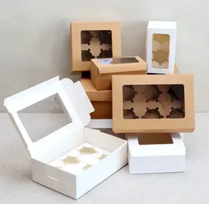 Cajas de papel Kraft con ventana para cupcakes, embalaje de regalo para boda, Festival, Fiesta, 6 portavasos, personalizado