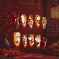Faux ongles à presser en acrylique chinois, forme amande, motif camélia œil-de-chat, fleur blanche, nuage, feuille d'or et strass rouges, pour le Nouvel An