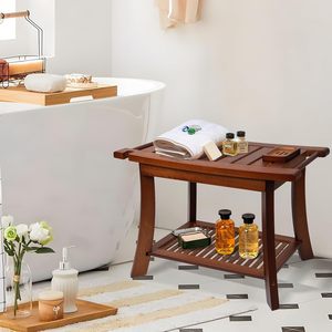 Tabouret de salle de bain Yuexi Quankai en teck 60x30x45cm, banc de douche rectangulaire antidérapant à double rangement - Product Image 2