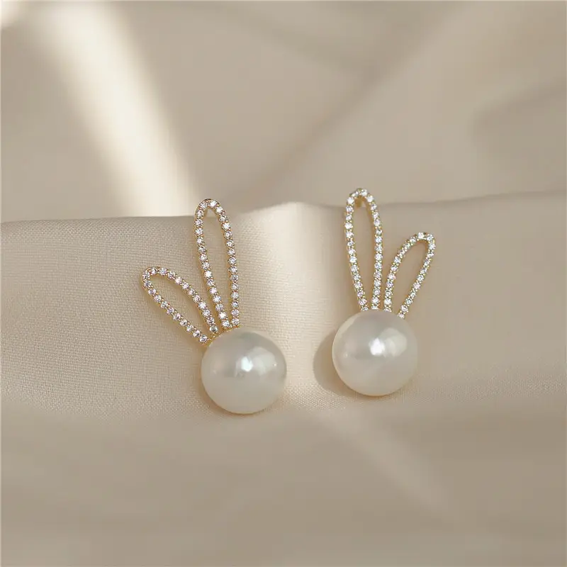 S925 Silver Needle Korean New Rabbit Ears Slightly Inlaid Shiny Earrings Women's Simple Geometric Fashion Wholesale Jewellery