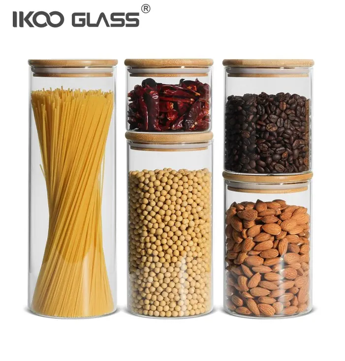 IKOO Stackable Kitchen Canisters Set Clear Glass Jars for Home Kitchen Thicken Airtight Food Storage jars with Wood bamboo lid