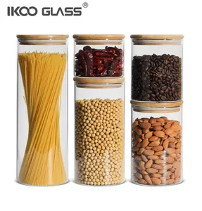 IKOO 쌓을 수있는 주방 용기 세트 투명 유리 항아리 홈 주방 두꺼운 밀폐 식품 보관 항아리 나무 대나무 뚜껑