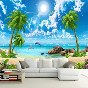 自定义壁画壁纸高清美丽的沙滩海景海滩椰子树 3D 照片背景墙壁绘画家居装饰