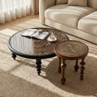 Table basse ronde de style rétro en bois de frêne ciré blanc avec plateau en verre trempé et décorations sculptées, mobilier de salon