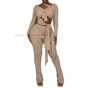 Women's 2 Piece <b>Set</b> Long Sleeve Cutout Crop Top & High Waist Flare Pants With <b>Tie</b> Detail Fashion - Product Image 2