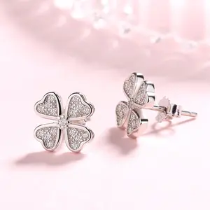 Fine 925 Sterling Silver With Rhodium Plated Clover Leaf Stud Earrings For Girl