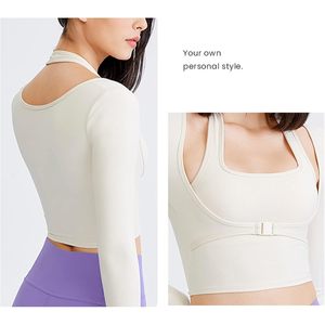 เสื้อโยคะ FOXA พร้อมบราในตัว แขนยาว ทรงครอป สำหรับผู้หญิง ออกกำลังกาย ซับเหงื่อ คอเหลี่ยม ดีไซน์เว้า - Product Image 4
