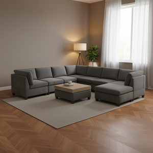 Set di Divani Modulari a U in Ciniglia Grigia Moderna, Arredamento per Soggiorno, 9 Pezzi, Divano Angolare Senza Braccioli con Gambe in Legno - Product Image 2