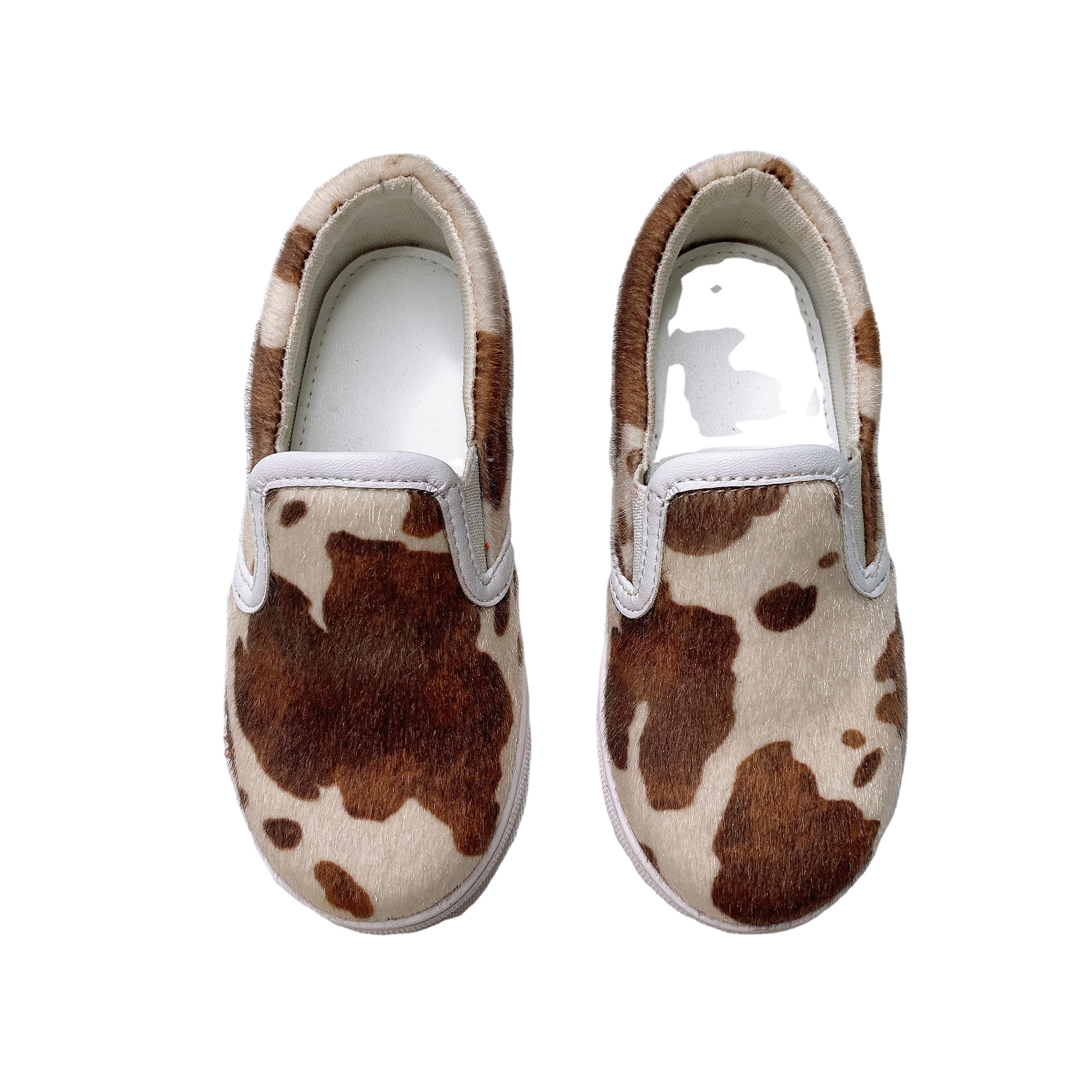 Новинка, модная детская обувь с принтом из коровьей шкуры, без застежки