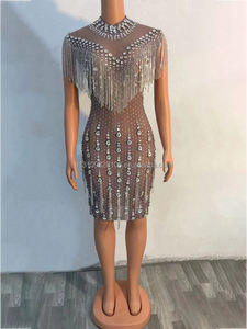 Déguisement scintillant sexy, en argent, décolleté plongeant en V, strass, extensible, bar, discothèque, chanteur, danse, compétition <span class=keywords><strong>de</strong></span> danse moderne, avec pompon - Product Image 6