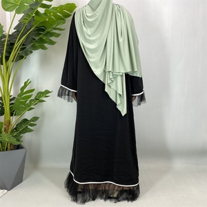 Trendy Black Open Abaya with <b>Lace</b> Sleeves Hem and <b>White</b> Contrast Edging Breathable Modest Dress for Summer 1466# - Product Image 4