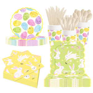 DAMAI Nouveau set d'assiettes en papier jetables à thème vert et jaune, motif lapin et œuf de Pâques, idéal pour le festival de Pâques - Product Image 1