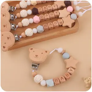 BPA Free Wood Animal Silicon Beads Chain Baby Teething Toy Silicone Pacifier Holder Dummy Clip Baby Pacifier Clip