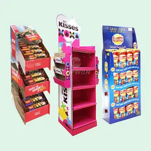 Aangepaste Supermarkt Golfkartonnen Vloer Display Koekjes Noten Snoep Snack Chocolade Aardappel Chip Display Stand