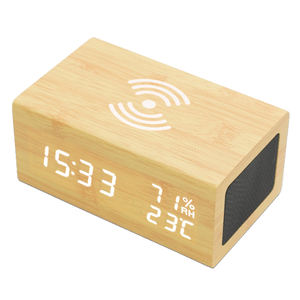 EMAF venta al por mayor diseño <span class=keywords><strong>de</strong></span> escritorio <span class=keywords><strong>de</strong></span> madera Led electrónico Digital BT altavoz temperatura humedad Despertador con cargador inalámbrico <span class=keywords><strong>de</strong></span> teléfono - Product Image 6