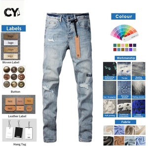Jeans Skinny <span class=keywords><strong>Homme</strong></span> Personnalisés OEM avec Broderie Croisée, Pantalons en Denim Délavé et Déchiré Style High Street ODM, Faible MOQ, Vente en Gros, Noir Blanc Bleu - Product Image 1
