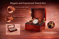 Boîte d'emballage haut de gamme en bois sculpté sur mesure pour montres et bijoux, avec couvercle à charnière de forme rectangulaire et logo personnalisé