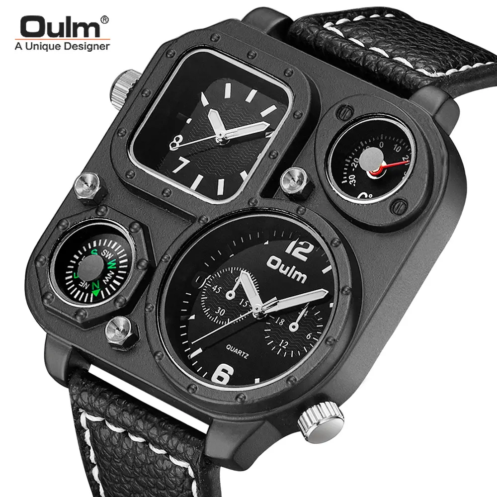 Oulm men's quartz watch fashion watch compass pointer large dial dual time zone PU leather belt strap Square Watch