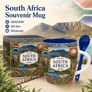 Souvenir touristique d'Afrique du <span class=keywords><strong>Sud</strong></span>, tasse à café en céramique, design imprimé éléphant et léopard, avec cuillère et boîte, OEM ODM personnalisé - Product Image 1