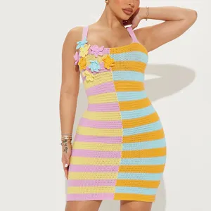 Low MOQ Custom Logo High Quality 3D Flower Color Flock Knitted Summer Clothing Women Striped Dresses Sheath Short Mini Dress