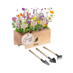 Grand kit <span class=keywords><strong>de</strong></span> jardinage d'intérieur avec mélange <span class=keywords><strong>de</strong></span> fleurs sauvages Jardinières en toile <span class=keywords><strong>de</strong></span> jute Boîte en bois pour patio Fleurs <span class=keywords><strong>vivaces</strong></span> Comprend des outils essentiels - Product Image 1
