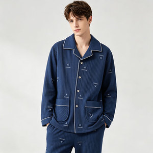 <b>Men's</b> 100% Cotton <b>Pajamas</b> Suit Red Long Sleeve Trousers Breathable Home Wear for Spring Autumn Loungewear <b>Set</b> for Adult Homewear - Product Image 2