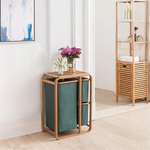 Panier à linge <span class=keywords><strong>double</strong></span> niveau carré en bambou bleu marine avec 3 compartiments en tissu et étagères de rangement - Product Image 3