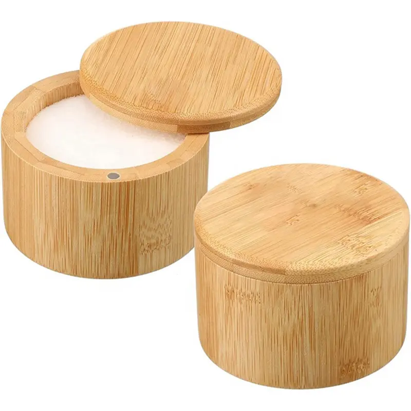 Bamboo Salt Cellar Kitchen Salt Box Swivel Magnetic Closure Lid Round Salt Container to Storage Pepper Spice