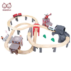 Popular kids circular rail train toys super cool fire train set funny wooden tracks game