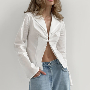 Camicia Lunga in Cotone Bianco con Design Personalizzato e Dettagli in Vita, <span class=keywords><strong>Blusa</strong></span> Sexy con Cut-out per Donna, OEM/ODM da Fabbrica Cinese - Product Image 3