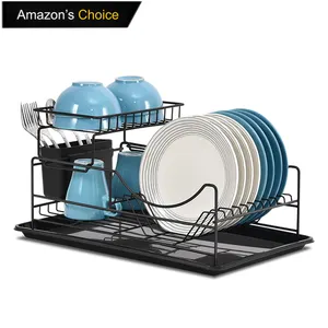 Two tier metal compact dish plate drying rack kitchen shelf organizer plate dryer drainer rack wire 2 tier dish racks