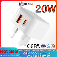 Chargeur mural pour téléphone portable à charge rapide, mini prise UK 20W PD double port USB type C, matériau ABS