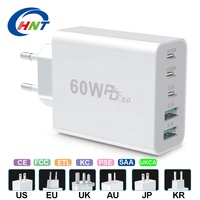 Chargeur mural rapide HNT GaN 60W PD 5-en-1, adaptateur secteur multi-ports 3 USB-C et 2 USB-A, prise US/EU/UK/AU pour iPhone 17/16/15 Pro Max