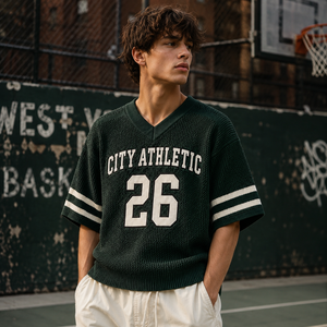 Pull en jersey unisexe, style sport vintage, col en V, rayé, pull pour le jour du match - Product Image 1
