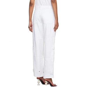 Custom Women 100% Cotton White Cargo Jeans <b>Trousers</b> With Bellows Pockets Straight Leg Jean Pants - Product Image 2
