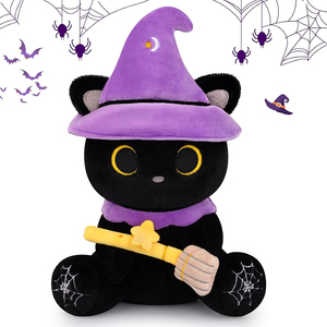 Peluche de chat noir mignon de haute qualité pour Halloween avec chapeau de sorcière, décoration d'Halloween, cadeaux pour enfants et adultes - Product Image 1