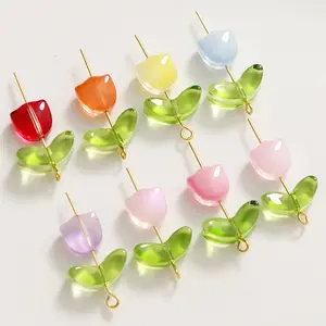 Tulip Bunga Lampwork Beads Multicolor Kaca Flora Beads Multicolor Longgar Beads untuk DIY Gelang Membuat Perhiasan 9*9Mm 14*6Mm