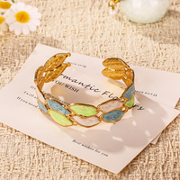 Bracelet manchette ouverte en émail marbré plaqué or 18 carats, motif feuille, style vintage nature, pour femme, bijoux de mode pour les fêtes, vente en gros