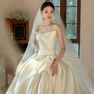 Satin Wedding Dress Ball Gown Strapless Natural Waist <b>Floor</b> Length Train Gown Simple Style For Summer - Product Image 2
